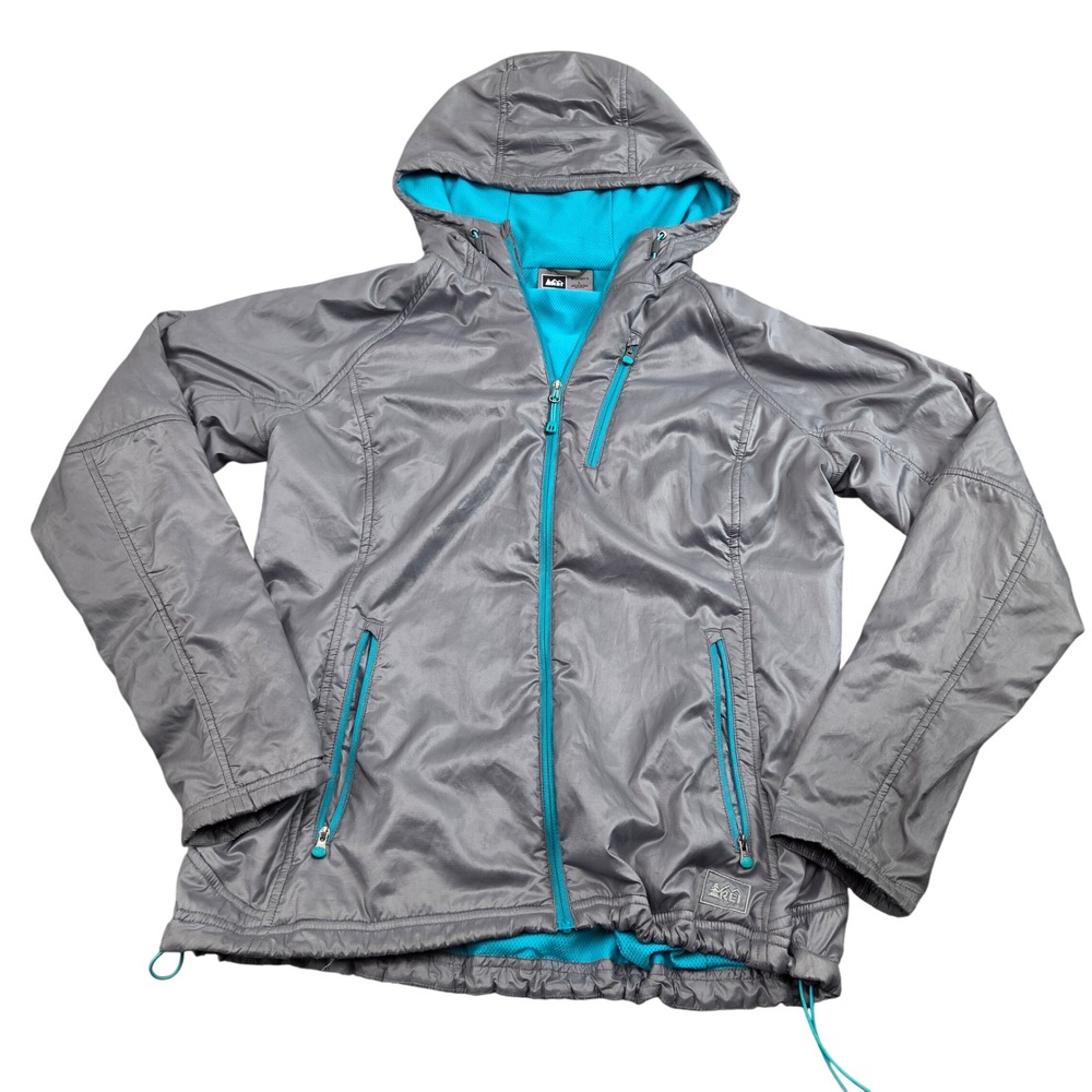 REI Coop Polartec Alpha Hooded Jacket Womens L Gray Pertex Hiking Packable Coat